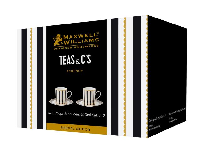 Maxwell & Williams Teas & C's Regency Demi Cup & Saucer 100ml Set of 2 Black Gift Boxed